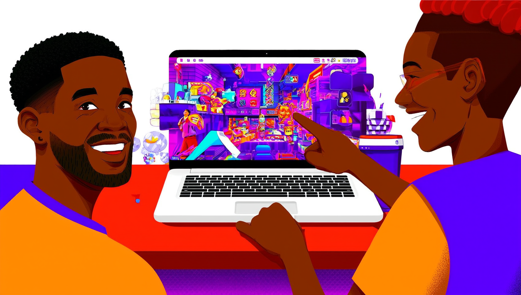 Two friends enjoying a multiplayer browser game together on a laptop, laughing and engaging with the screen.